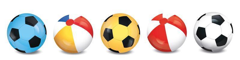 Set of beach and soccer balls. Vector 3D realistic glossy balls. Isolated illustration on a white substrate.