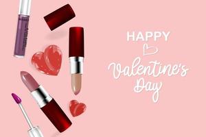 A festive banner for Valentine's Day. Realistic cosmetics with a heart and a calligraphic inscription on a pink background for greeting cards, headlines and website, vector design.