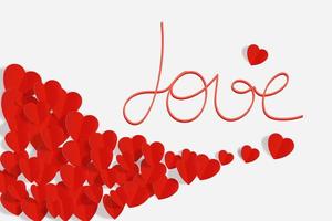 Corazones de papel rojo volador con inscripción de amor en un fondo blanco. día de San Valentín. un símbolo de amor. espacio para copiar. vector
