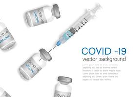 Coronavirus vaccine vector background. Covid-19 vaccination with vaccine bottle and syringe injection tool for immunization treatment.