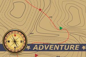 Travel. Adventure and azimuth compass and map. The background of the route on the contour map. Tourism and travel symbol. vector