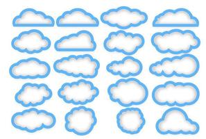 Clouds with shadows inside like icons isolated on white background. Contouring clouds in blue lines for design. vector