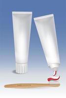 Blank empty white toothpaste tube.Hygiene concept with eco bamboo brush. Realistic eps10 vector. vector