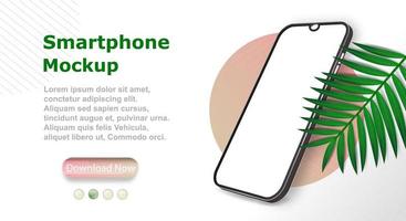 Smartphone frame with blank screen in tropical setting with palm branch. Realistic smartphone mockup. Vector design, realistic, smartphone template.