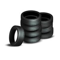 Car black tires, vector realistic isolated tyre objects. Car wheel tyres of different types, summer and winter tread track pattern, front and side view