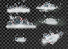 Foam in soap bubbles on an isolated mesh background. Sparkling shampoo and bath foam vector illustration.