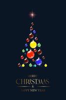 Merry Christmas and New Year - vector greeting card with a greeting inscription. Christmas tree with colorful glass balls.