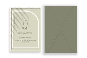 Save the date. Wedding greetings. A set of envelope and frame with a tropical leaf shadow and an inscription. vector