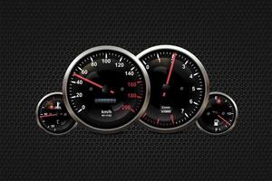 Car dashboard speedometer, tachometer, digital LED indicators for fuel and engine temperature. Vector realistic elements of car dashboard instrument cluster.