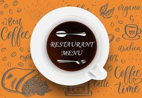 menú de restaurante, diseño de cafetería en color naranja con taza de porcelana y silueta de tenedor y cuchara. sustrato de fondo en un tema de café. para decoración, diseño. vector