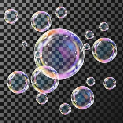 Realistic soap bubbles with rainbow reflection set isolated vector illustration