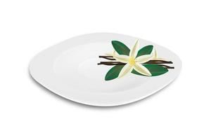 Plate on white with shade decorated with vanilla flowers. The saucer is rectangular, square. Vector illustration EPS10.