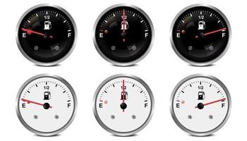 Vector 3d Realistic set Black and White Circle Gas Fuel Tank Gauge, Oil Level Bar Icon Set Isolated on White Background. Car Dashboard Details. Fuel Indicator, Gas Meter, Sensor. Design Template