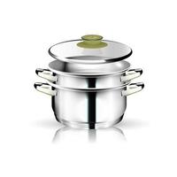 A set of vertically standing realistic chrome kitchen utensils with a glass lid. 3D Vector image for menu design, restaurant, recipes.