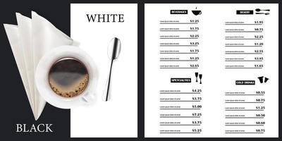 Vector menu template for restaurants and cafes. Menu cover design in black and white with a background of a hot cup of coffee and a spoon. Design of the brochure of a modern restaurant