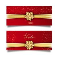Set of stylish gift voucher with golden ribbon and bow. Vector elegant template for gift card, coupon and certificate isolated from background.