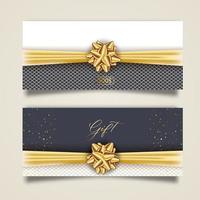 Set of stylish gift voucher with golden ribbon and bow. Vector elegant template for gift card, coupon and certificate isolated from background.