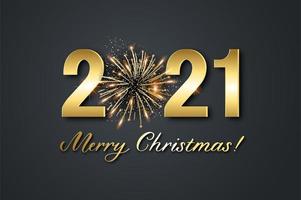 Merry Christmas 2021. Background with shining numerals and firework. New year and Christmas card illustration on black background. vector