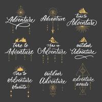 Adventure lettering set badges with illustrations. Vintage logotype with mountains and arrows.