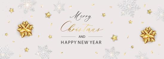 Merry Christmas banner. Background Xmas design poster of snowflake and calligraphy inscription. vector