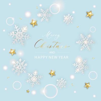 Merry Christmas banner. Background Xmas design poster of sparkling lights star and snowflake and glitter gold confetti.
