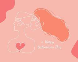 Happy Galentine's Day design whith two woman faces abstract one continuous line portrait. Modern minimalist style illustration, suitable for greeting cards, poster, prints vector