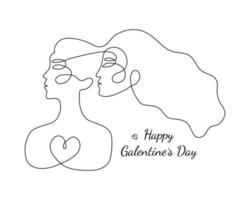 Happy Galentine's Day design whith two woman faces abstract one continuous line portrait. Modern minimalist style illustration, suitable for greeting cards, poster, prints vector