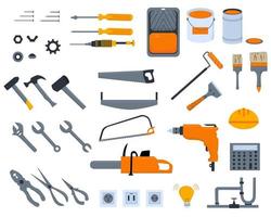 Set with different work tools, flat illustration. Electricity, home repair, home renovation concept vector
