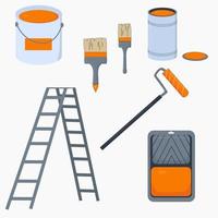 Paint set with brushes, roller, can, bucket, paint tray and ladder. illustration for repair theme, equipment for painter, paint tools vector