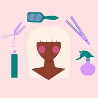 mujeres afro con cabello rubio, mejillas rosadas. Hay herramientas de peluquería, spray para el cabello, tijeras, cepillo, alisador alrededor de su cabeza. Fondo rosa. ilustración plana. salón de belleza, concepto de peluquería. vector