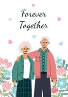 Happy St Valentine Day Celebration.14th February postcard with cute senior couple, flowers and hearts. Elderly man and woman hug each other. Flat vector illustration in trendy colors