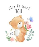 nice to meet you slogan with bear and butterfly illustration vector