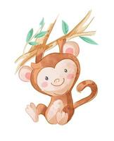 Cute cartoon monkey hanging on tree branch vector illustration