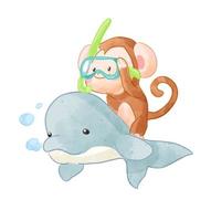 cartoon monkey in snorkel mask riding dolphin illustration vector