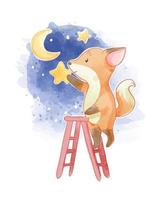 Cute fox climbing ladder for star night vector illustration