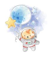 Cute dibujos animados león astronauta con globo estrella vector ilustración