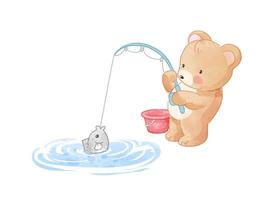 Cute cartoon bear fishing in the pond illustration vector