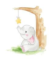 cute elephant siting with little star hanging on the tree illustration vector