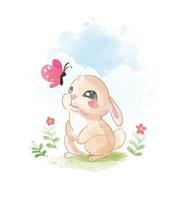 cute little bunny with pink butterfly illustration vector