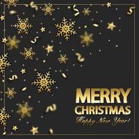 Christmas background with shining gold snowflake, star and confetti. Merry Christmas card illustration on black background. vector