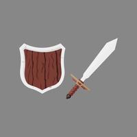 Sword with wooden Shield. Vector vintage in flat design