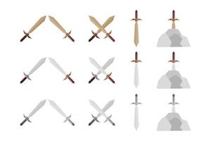 Set of sword, battle icons, versus, sword in stone, illustrations for gaming. Cartoon vector