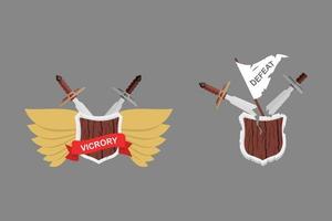 Victory and Defeat illustration with shield wings and sword and banner. Vector for gaming in flat design