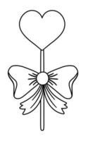Vector black and white heart shaped lollypop with bow. Cute sweet isolated on white background. Playful Saint Valentine day holiday line icon or coloring page.