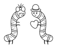 vector lindo par de orugas en blanco y negro. ilustración de pareja amorosa. relación de amor o concepto de familia. insectos románticos aislados sobre fondo blanco. divertidos personajes de la línea del día de san valentín.