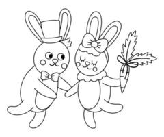 Vector cute black and white rabbits pair. Loving animal couple illustration. Love relationship or family concept. Hugging hares isolated on white background. Funny Valentine day line characters.