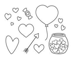 Vector black and white set with hearts. Cute heart shaped balloon, arrow, sweet, pot with candies isolated on white background. Playful Saint Valentine day line icons or coloring page collection.