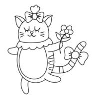 vector linda chica gato blanco y negro con flor. ilustración de animales domésticos bailando. mascota romántica aislada sobre fondo blanco. divertido icono de personaje de línea de san valentín o página para colorear.