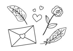 Vector set of black and white Saint Valentine day symbols. Collection of cute objects with love concept. Letter, feather, rose and heart line icons pack. Playful February holiday illustration