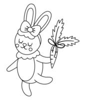 Vector cute black and white rabbit girl with carrot. Dancing woodland animal illustration. Romantic bunny isolated on white background. Funny Easter line character icon or coloring page.